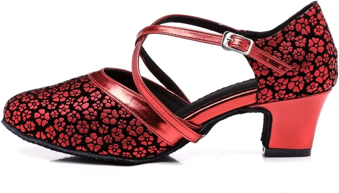 Minishion Women's Round Toe Cross Strap Floral Fashion Ballroom Dance Pumps Shoes