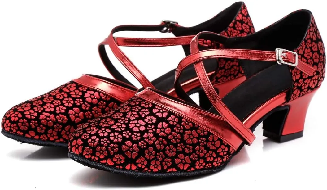 Minishion Women's Round Toe Cross Strap Floral Fashion Ballroom Dance Pumps Shoes