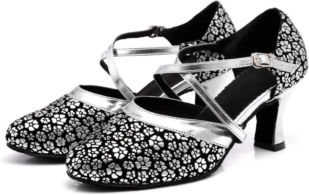 Minishion Women's Round Toe Cross Strap Floral Fashion Ballroom Dance Pumps Shoes
