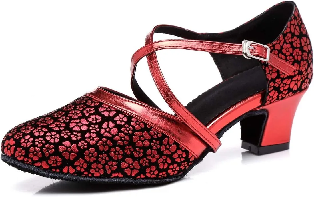 Minishion Women's Round Toe Cross Strap Floral Fashion Ballroom Dance Pumps Shoes