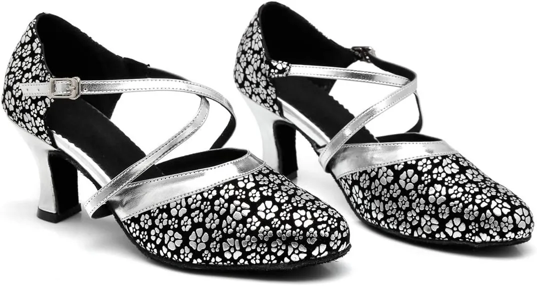 Minishion Women's Round Toe Cross Strap Floral Fashion Ballroom Dance Pumps Shoes
