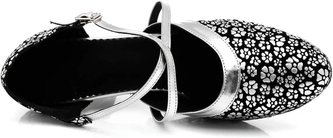 Minishion Women's Round Toe Cross Strap Floral Fashion Ballroom Dance Pumps Shoes