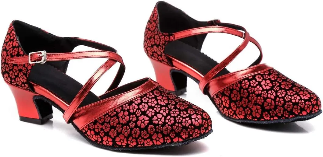 Minishion Women's Round Toe Cross Strap Floral Fashion Ballroom Dance Pumps Shoes
