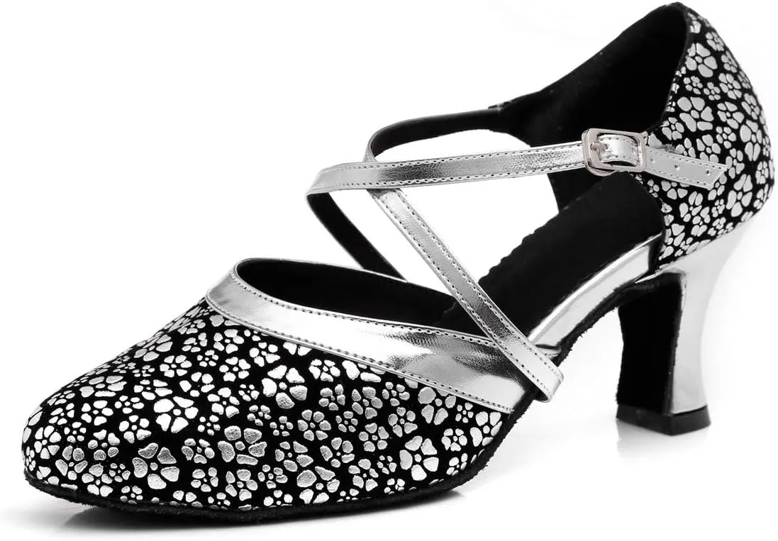 Minishion Women's Round Toe Cross Strap Floral Fashion Ballroom Dance Pumps Shoes