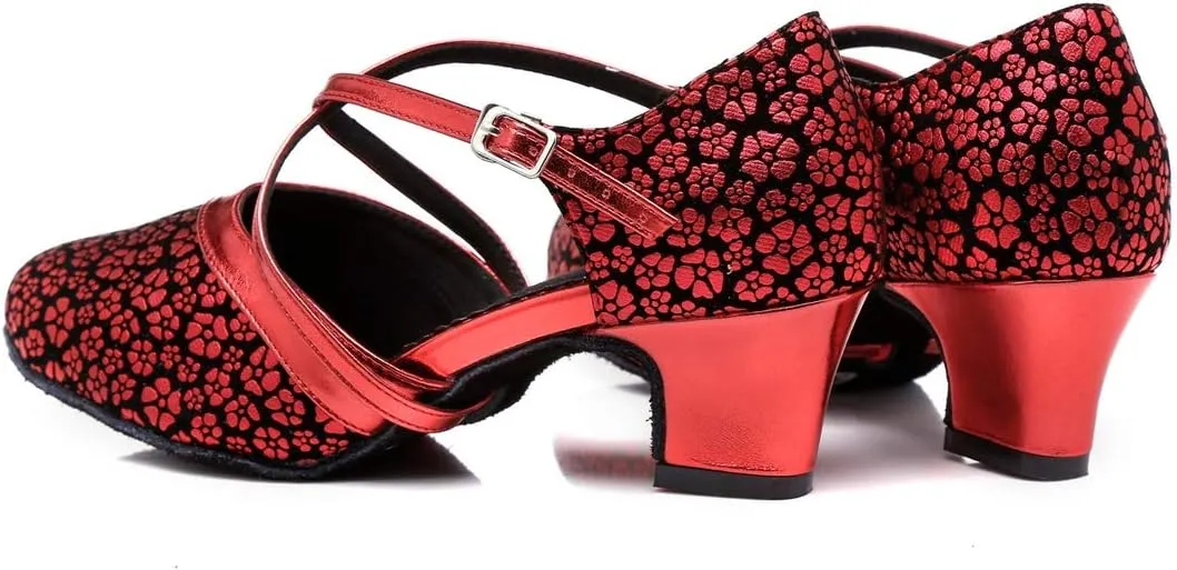 Minishion Women's Round Toe Cross Strap Floral Fashion Ballroom Dance Pumps Shoes