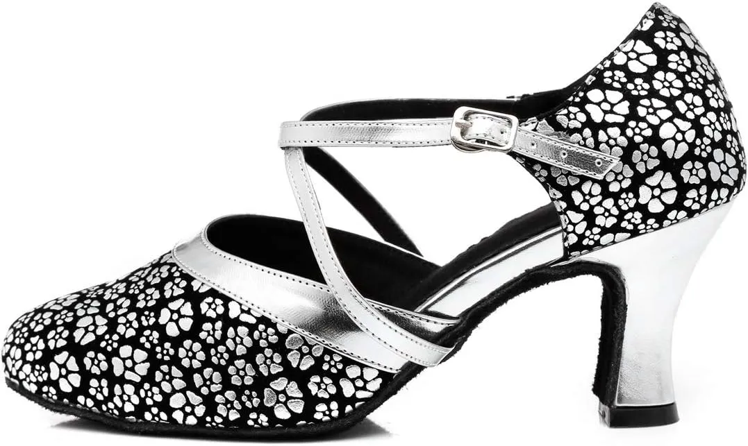 Minishion Women's Round Toe Cross Strap Floral Fashion Ballroom Dance Pumps Shoes