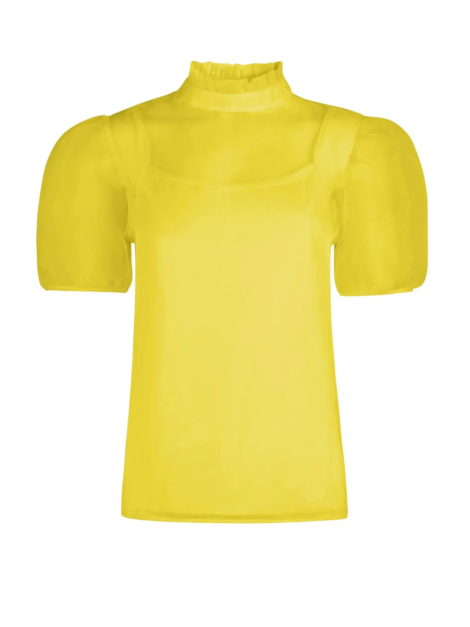 Mock-Neck Organza Puff-Sleeve Top