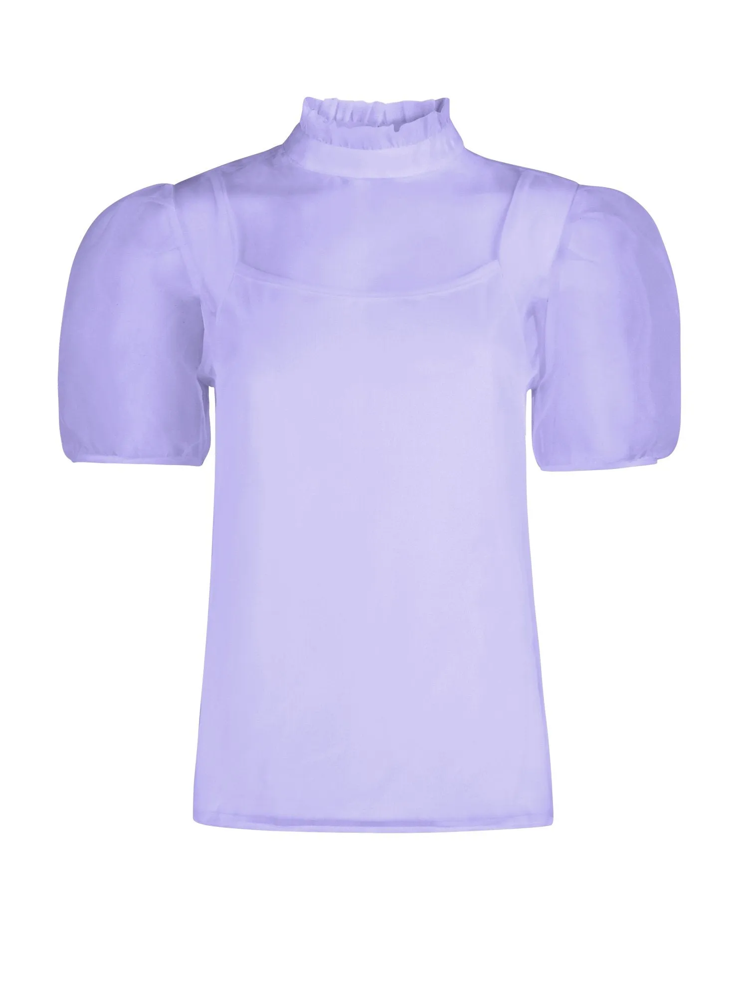 Mock-Neck Organza Puff-Sleeve Top