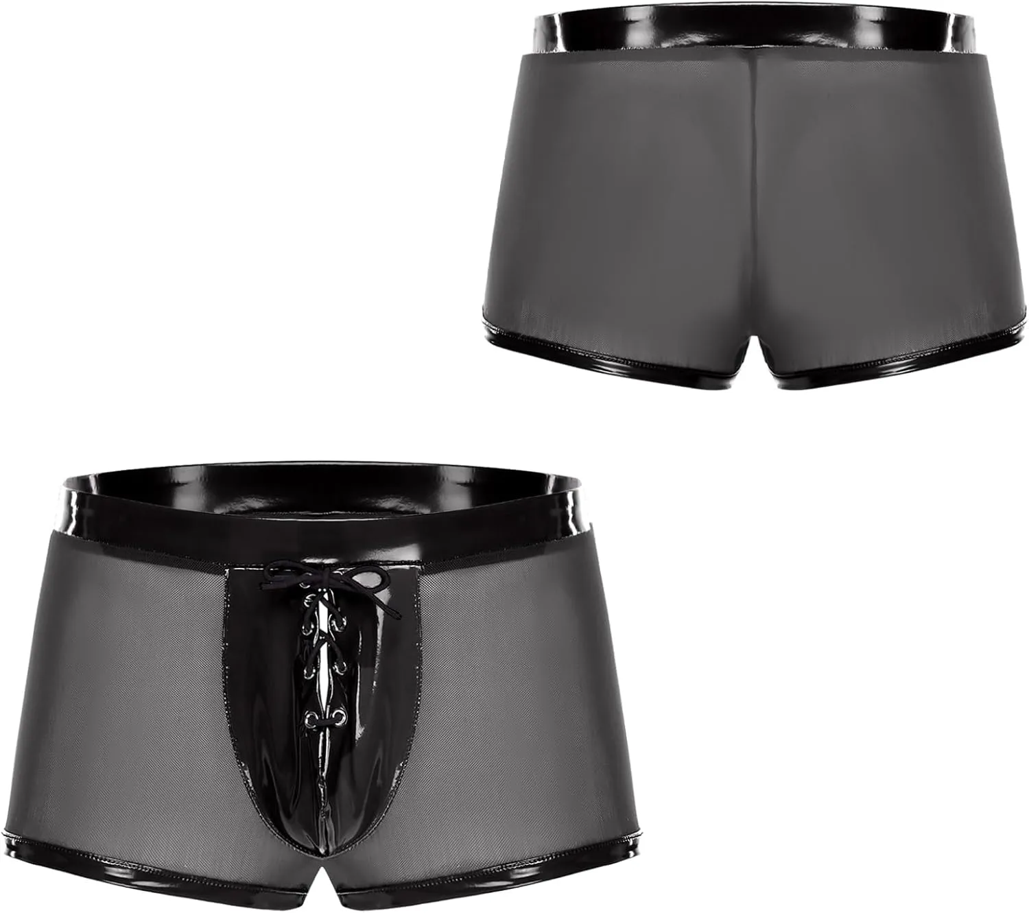 Mufeng Sexy Sheer Boxer Briefs for Men Leather Trim Tie Up Gym Underwear Pole Dance Fitness Night Outfits