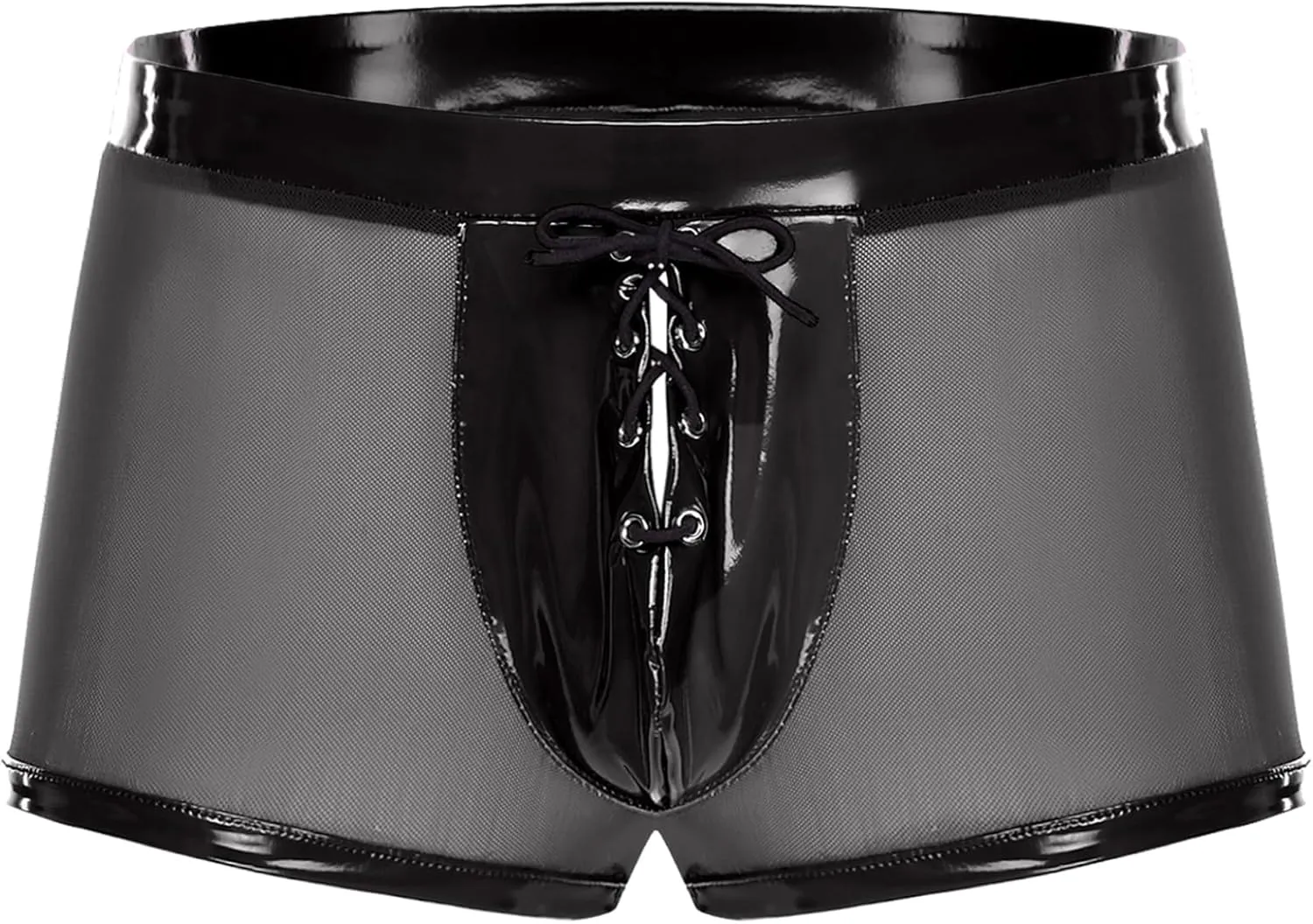Mufeng Sexy Sheer Boxer Briefs for Men Leather Trim Tie Up Gym Underwear Pole Dance Fitness Night Outfits