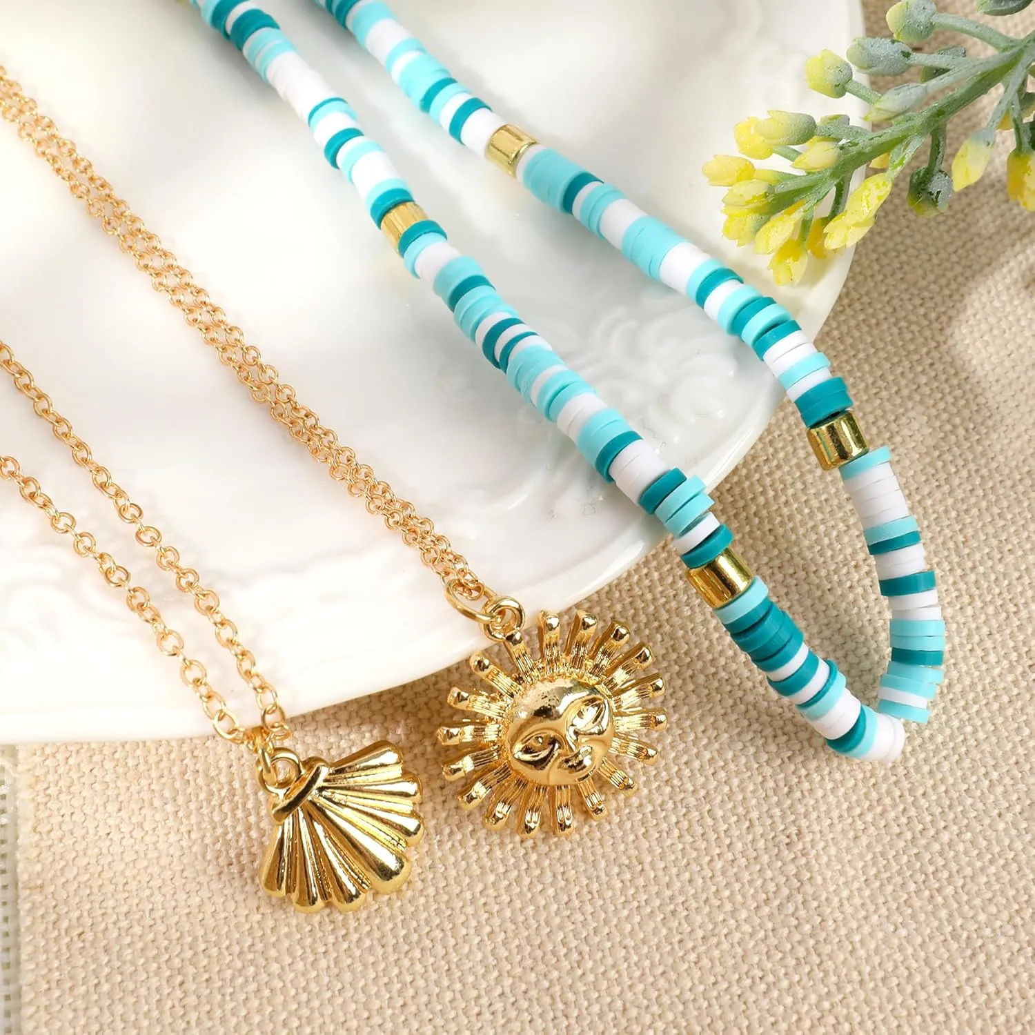 Multilayered Colorful Beaded Necklace for Women with Cute Pendant Bohemian Layered Natural Stone Choker Necklace Charm Stand Statement Necklace Adjustable Boho Party Summer Beach Holiday Jewelry Gift