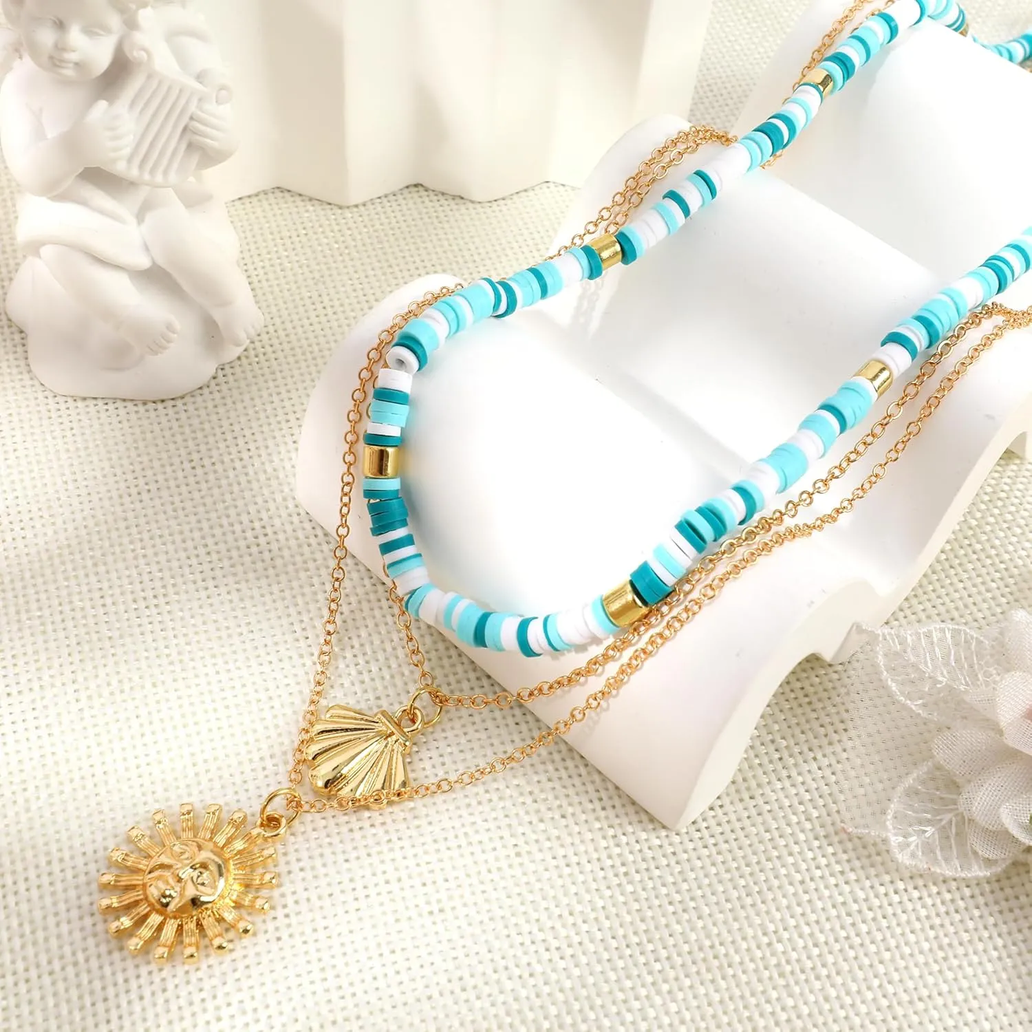 Multilayered Colorful Beaded Necklace for Women with Cute Pendant Bohemian Layered Natural Stone Choker Necklace Charm Stand Statement Necklace Adjustable Boho Party Summer Beach Holiday Jewelry Gift