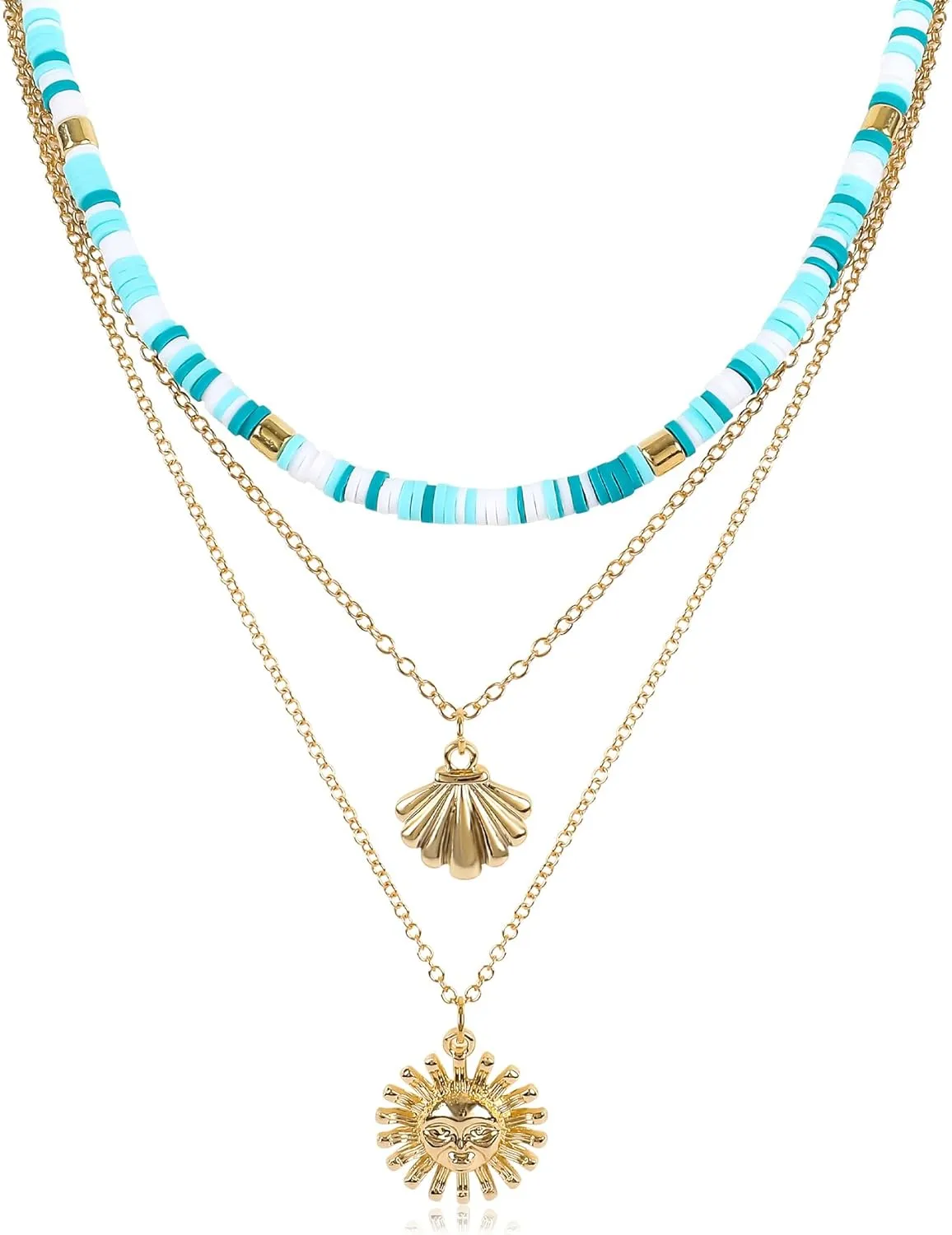 Multilayered Colorful Beaded Necklace for Women with Cute Pendant Bohemian Layered Natural Stone Choker Necklace Charm Stand Statement Necklace Adjustable Boho Party Summer Beach Holiday Jewelry Gift