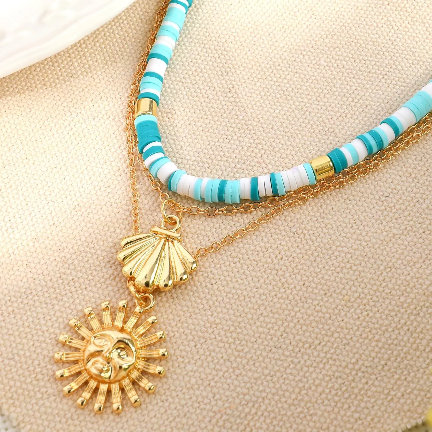 Multilayered Colorful Beaded Necklace for Women with Cute Pendant Bohemian Layered Natural Stone Choker Necklace Charm Stand Statement Necklace Adjustable Boho Party Summer Beach Holiday Jewelry Gift