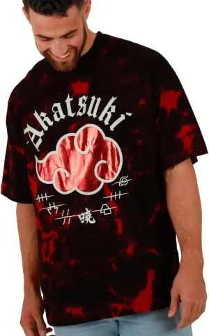 Naruto Akatsuki Cloud Crew Neck Short Sleeve Oversized Drop Shoulder Red & Black Cloud Wash Men's T-Shirt-XL