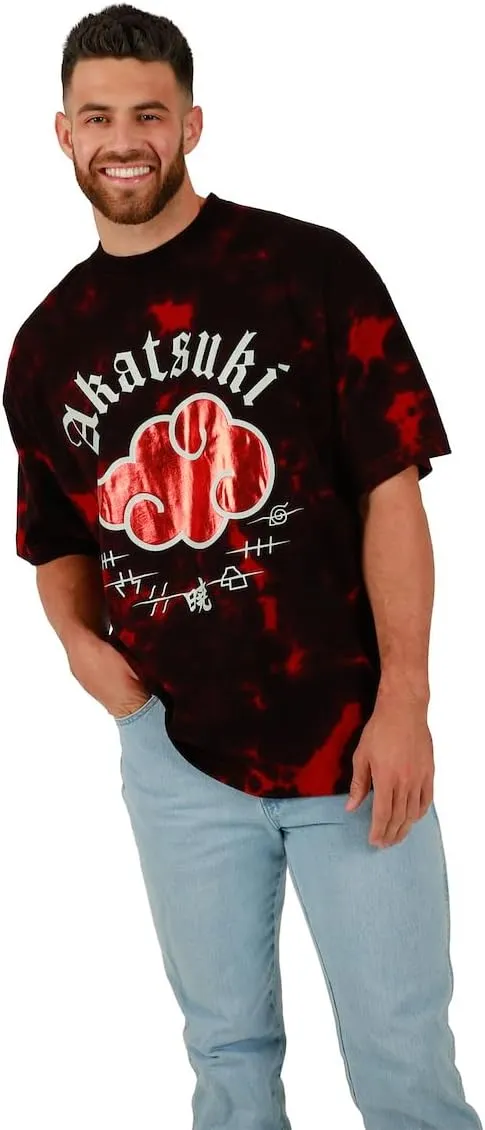 Naruto Akatsuki Cloud Crew Neck Short Sleeve Oversized Drop Shoulder Red & Black Cloud Wash Men's T-Shirt