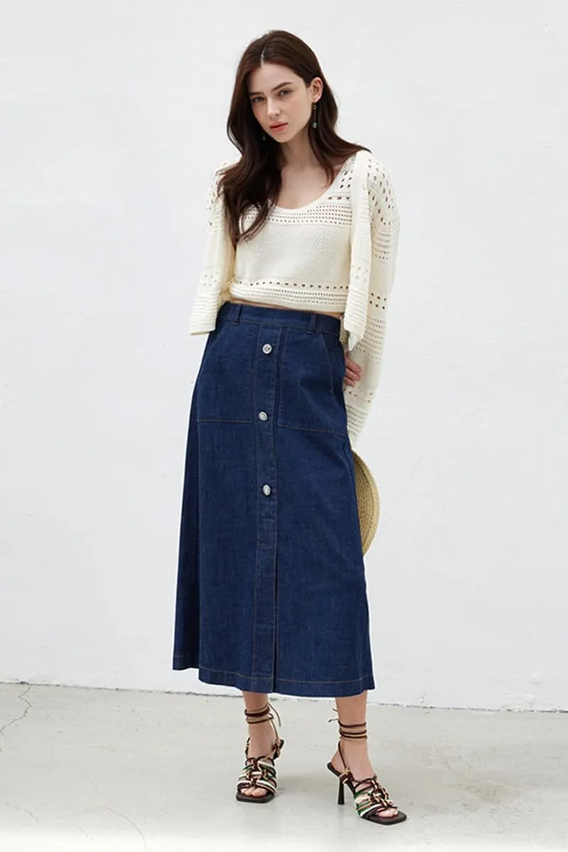 Nolabel Women's Petite Long Buttoned Denim Skirt with Pockets FGSKT01