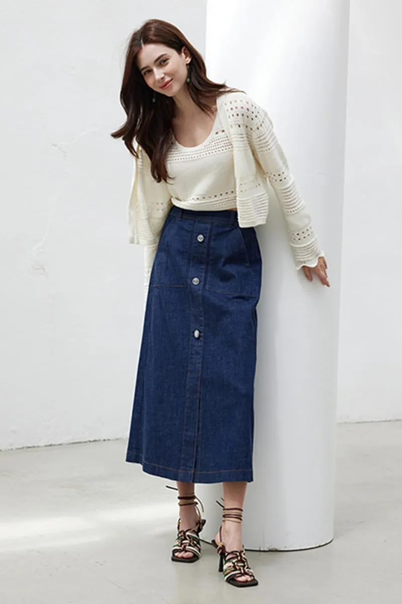 Nolabel Women's Petite Long Buttoned Denim Skirt with Pockets FGSKT01