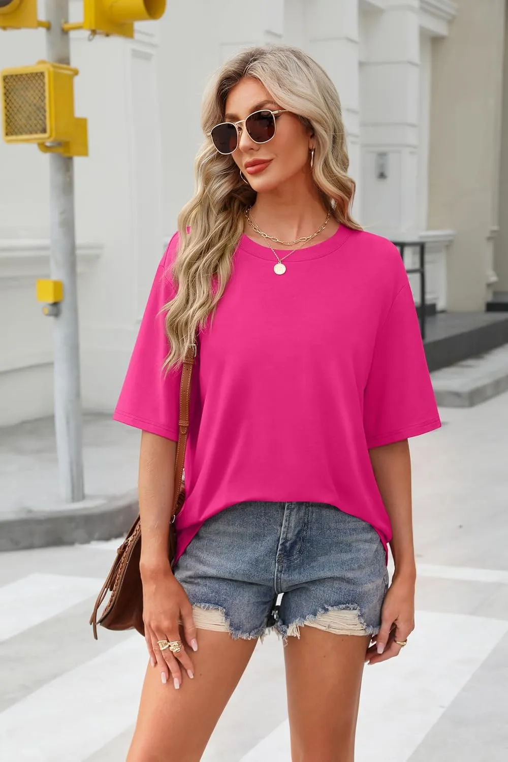 OFEEFAN Summer Tops for Women 2025 Short Sleeve Shirts Dressy Casual Crew Neck Tshirts Fashion