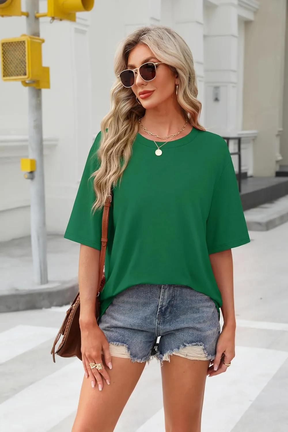 OFEEFAN Summer Tops for Women 2025 Short Sleeve Shirts Dressy Casual Crew Neck Tshirts Fashion