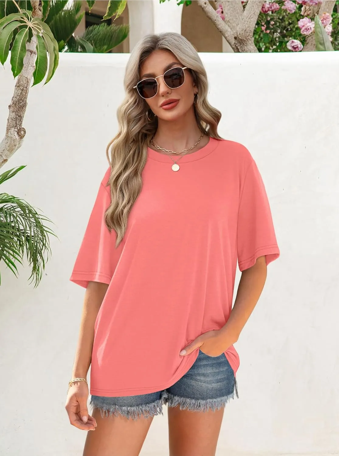 OFEEFAN Summer Tops for Women 2025 Short Sleeve Shirts Dressy Casual Crew Neck Tshirts Fashion