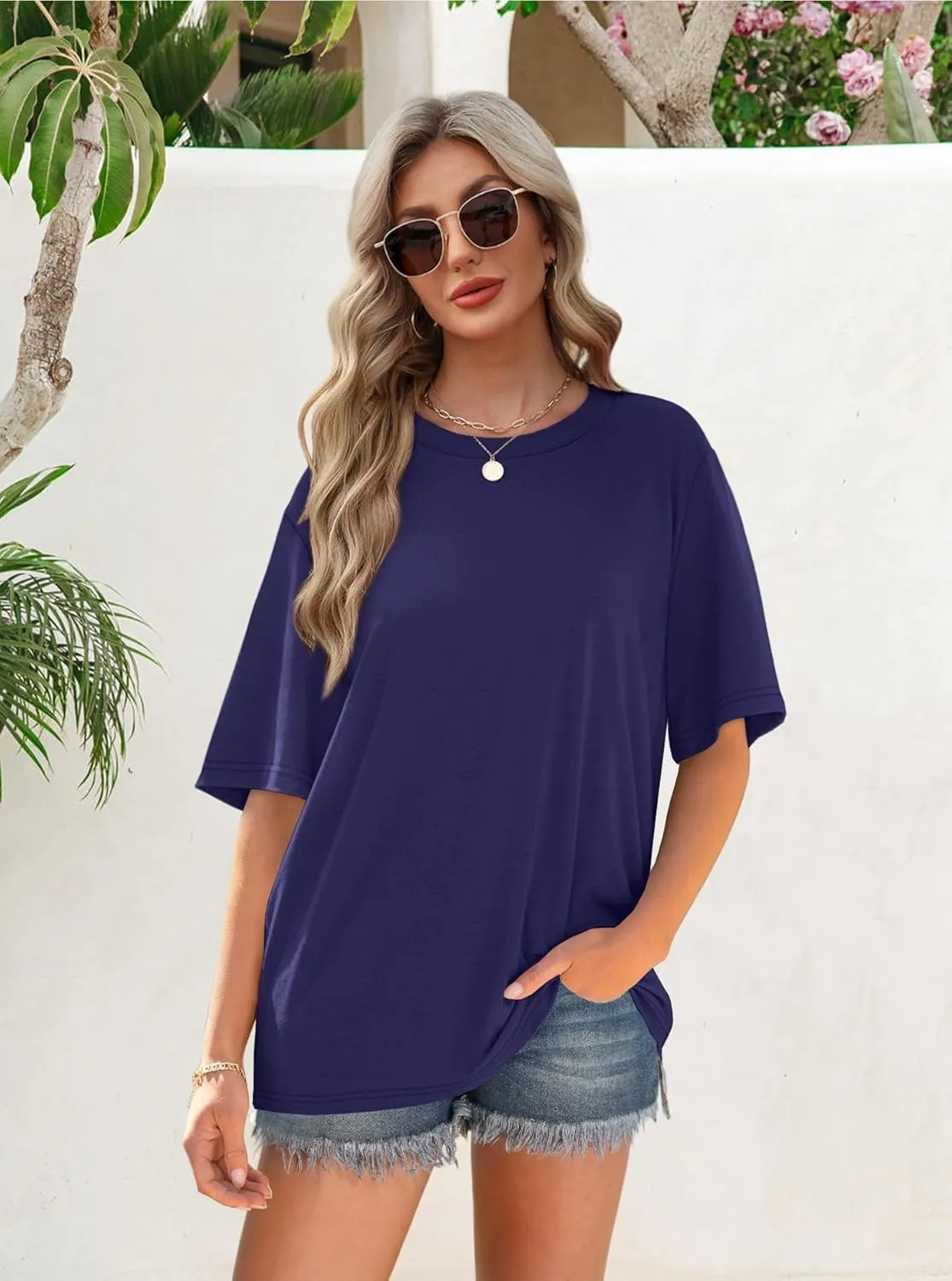 OFEEFAN Summer Tops for Women 2025 Short Sleeve Shirts Dressy Casual Crew Neck Tshirts Fashion