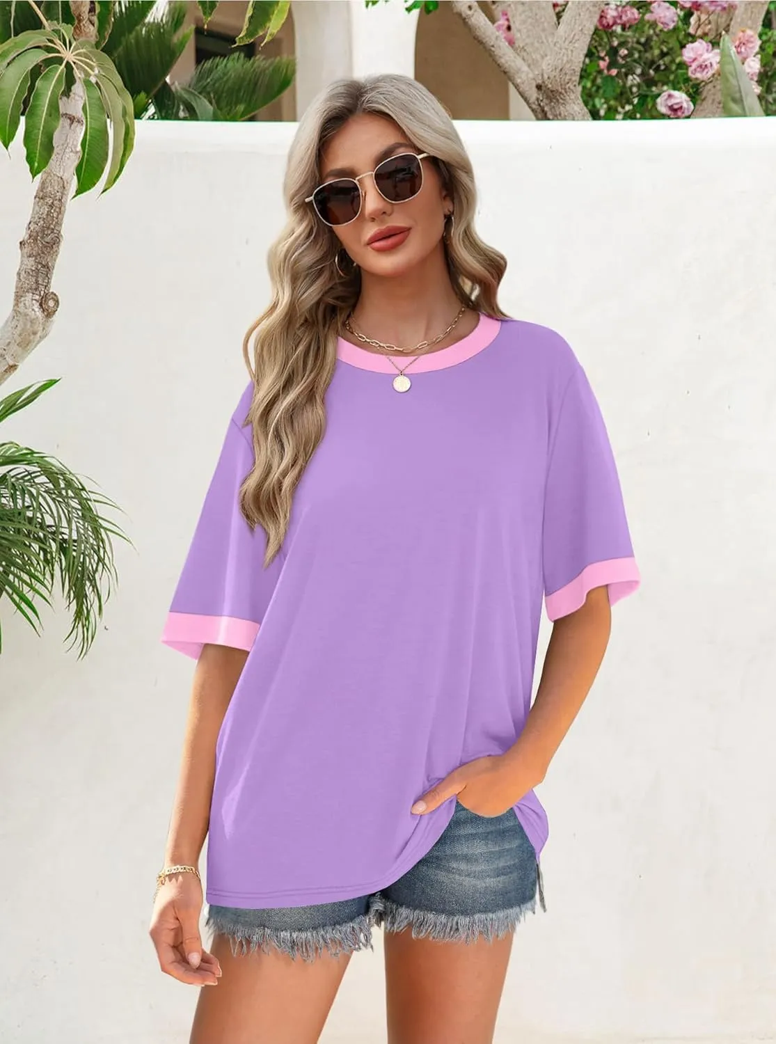 OFEEFAN Summer Tops for Women 2025 Short Sleeve Shirts Dressy Casual Crew Neck Tshirts Fashion