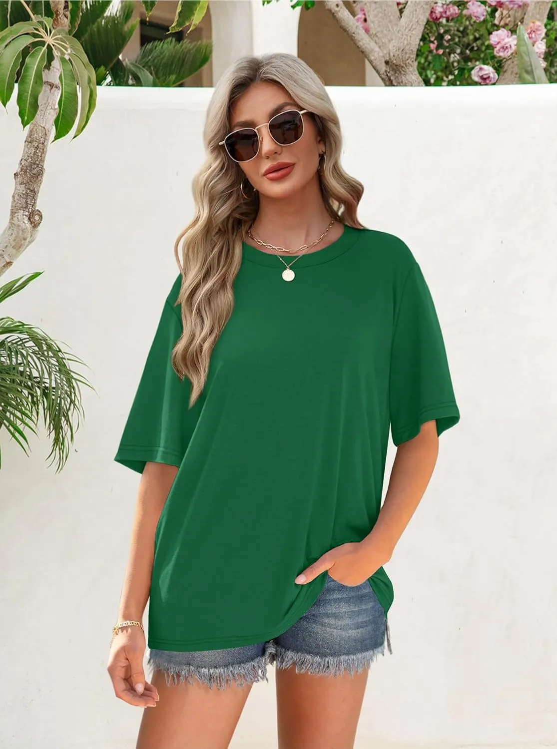 OFEEFAN Summer Tops for Women 2025 Short Sleeve Shirts Dressy Casual Crew Neck Tshirts Fashion