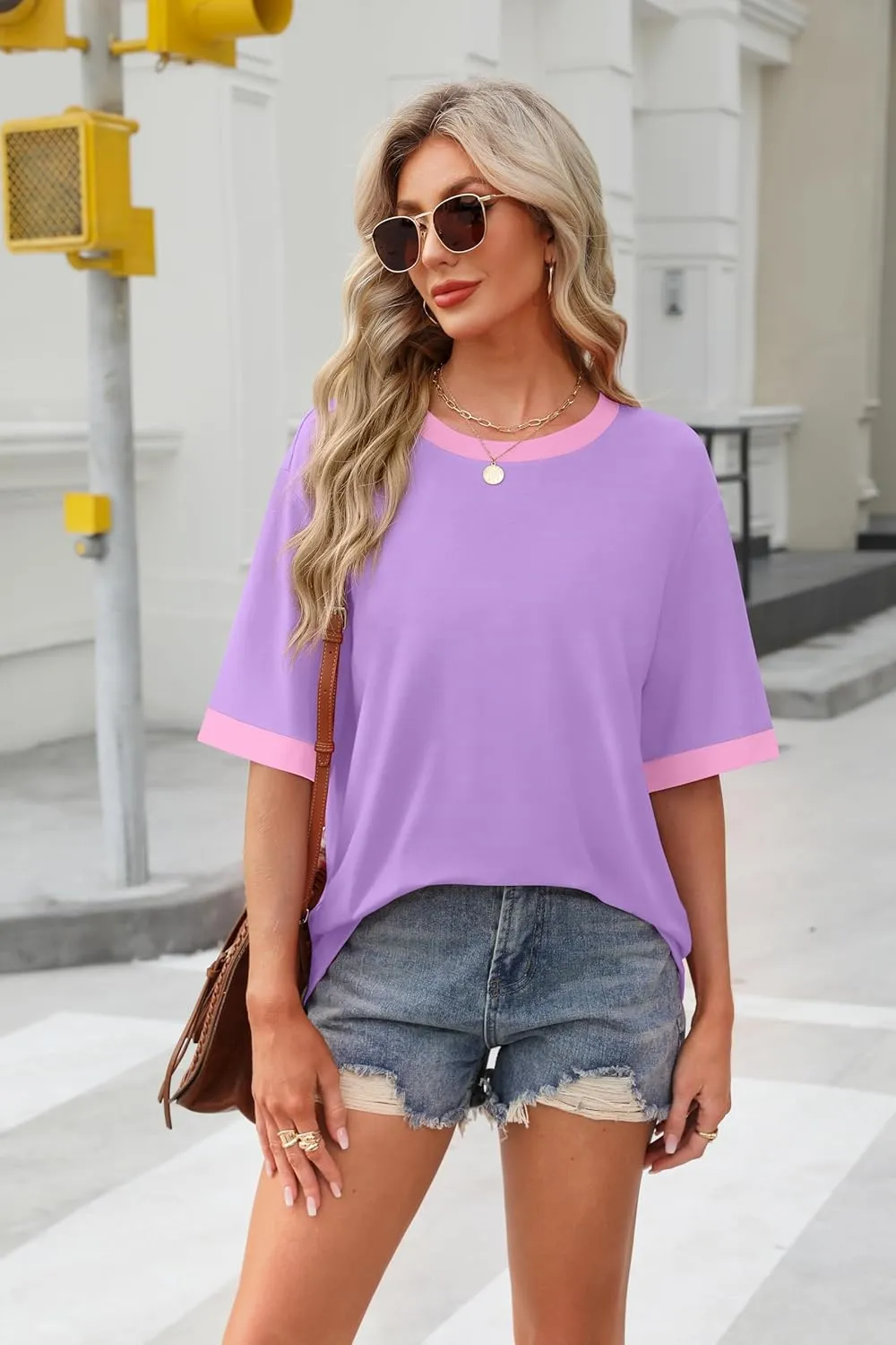 OFEEFAN Summer Tops for Women 2025 Short Sleeve Shirts Dressy Casual Crew Neck Tshirts Fashion
