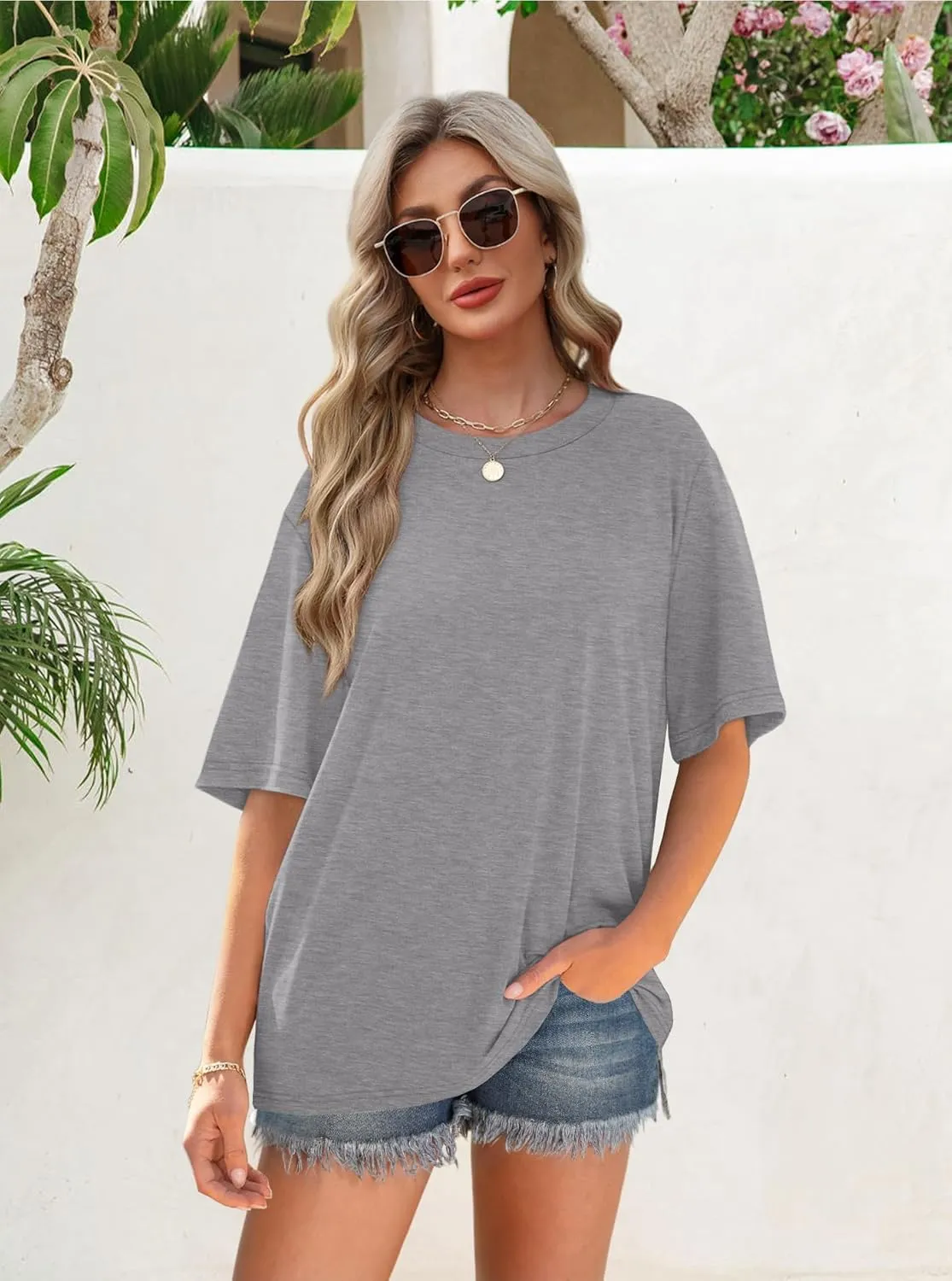 OFEEFAN Summer Tops for Women 2025 Short Sleeve Shirts Dressy Casual Crew Neck Tshirts Fashion