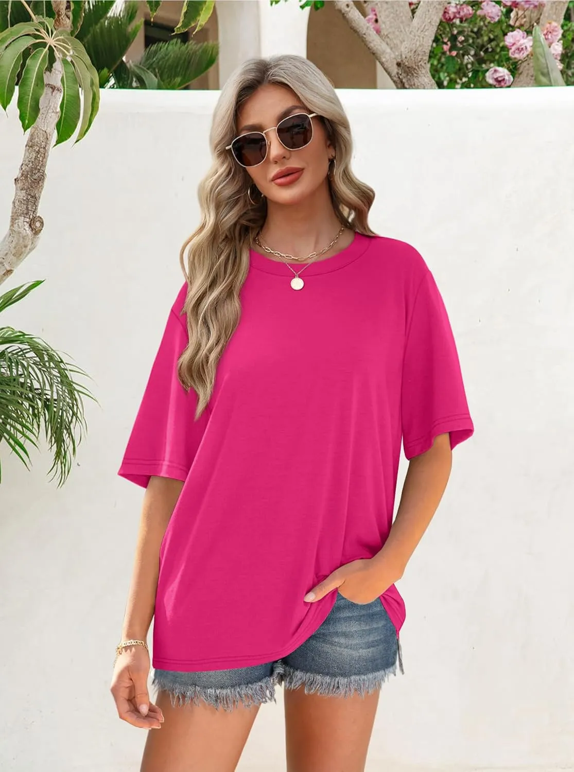 OFEEFAN Summer Tops for Women 2025 Short Sleeve Shirts Dressy Casual Crew Neck Tshirts Fashion