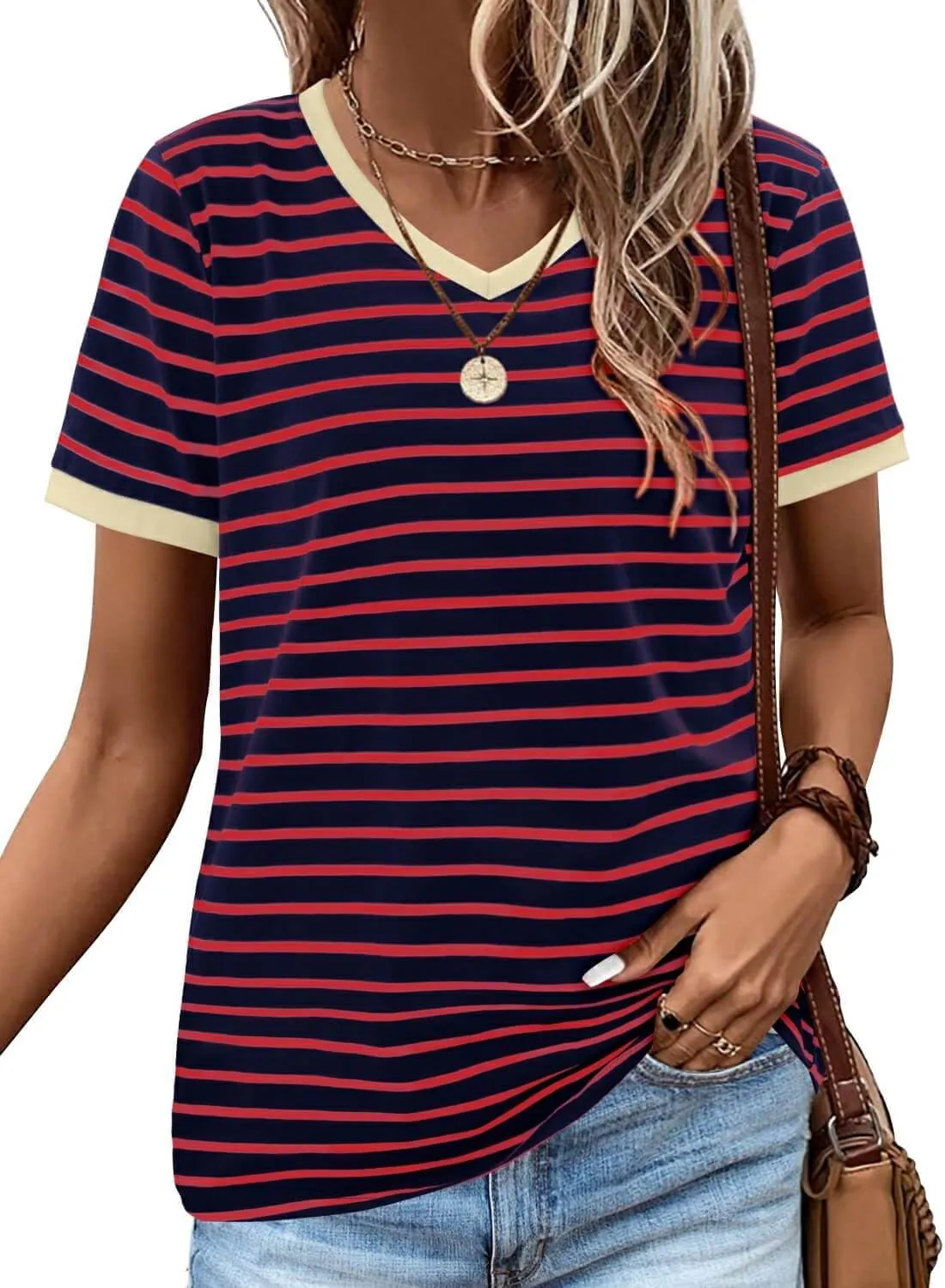 ONLYSHE Womens Short Sleeve Shirts Casual Crewneck Tops Tshirt Basic Tees Summer Fashion Strpied Clothes Outfits Tunic