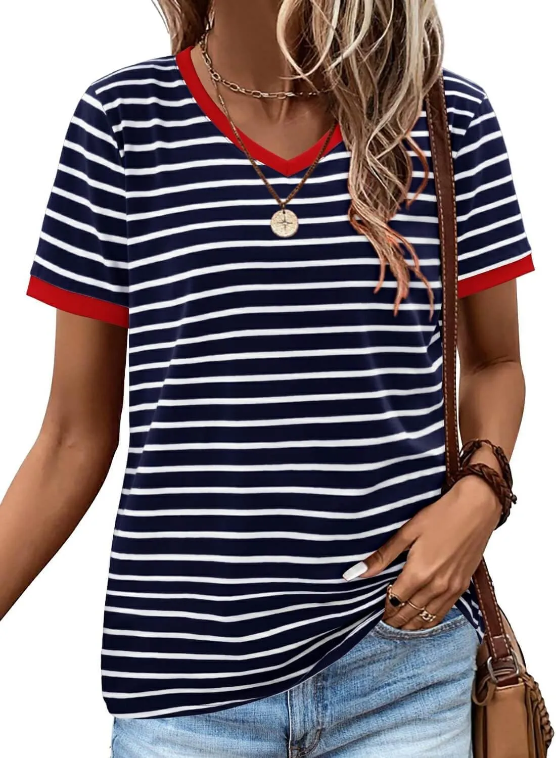 ONLYSHE Womens Short Sleeve Shirts Casual Crewneck Tops Tshirt Basic Tees Summer Fashion Strpied Clothes Outfits Tunic