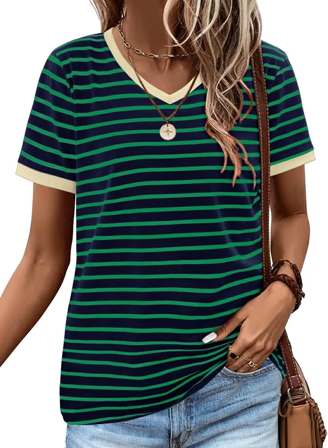 ONLYSHE Womens Short Sleeve Shirts Casual Crewneck Tops Tshirt Basic Tees Summer Fashion Strpied Clothes Outfits Tunic