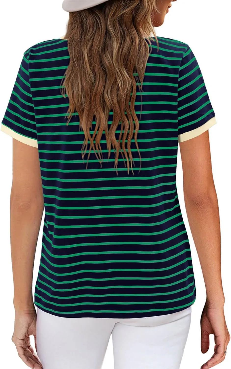 ONLYSHE Womens Short Sleeve Shirts Casual Crewneck Tops Tshirt Basic Tees Summer Fashion Strpied Clothes Outfits Tunic