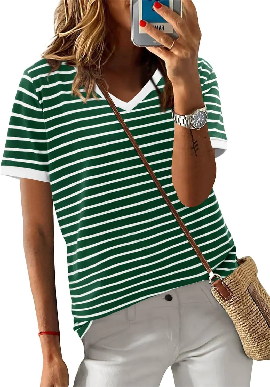 ONLYSHE Womens Short Sleeve Shirts Casual Crewneck Tops Tshirt Basic Tees Summer Fashion Strpied Clothes Outfits Tunic