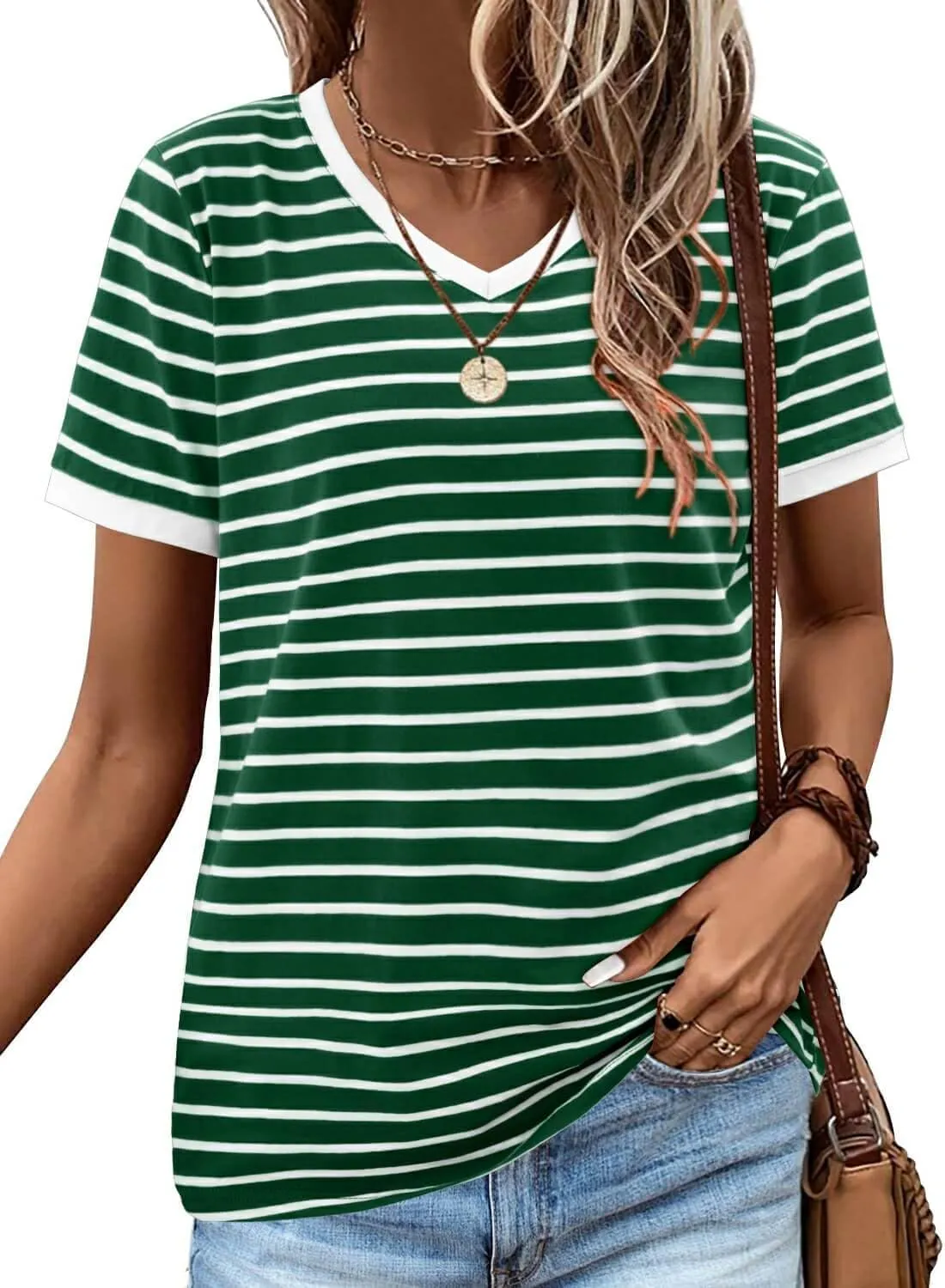 ONLYSHE Womens Short Sleeve Shirts Casual Crewneck Tops Tshirt Basic Tees Summer Fashion Strpied Clothes Outfits Tunic