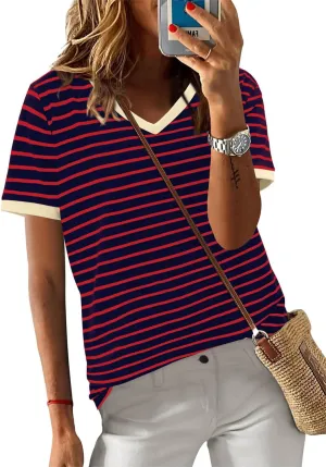ONLYSHE Womens Short Sleeve Shirts Casual Crewneck Tops Tshirt Basic Tees Summer Fashion Strpied Clothes Outfits Tunic