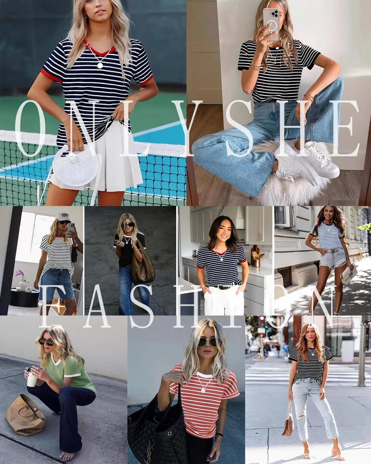 ONLYSHE Womens Short Sleeve Shirts Casual Crewneck Tops Tshirt Basic Tees Summer Fashion Strpied Clothes Outfits Tunic