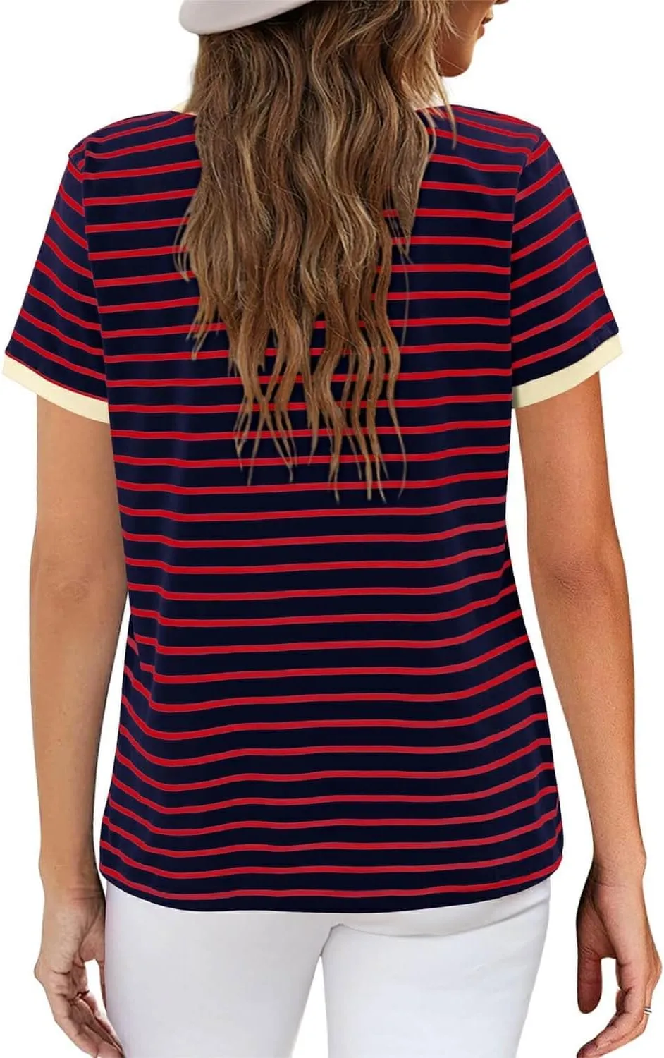 ONLYSHE Womens Short Sleeve Shirts Casual Crewneck Tops Tshirt Basic Tees Summer Fashion Strpied Clothes Outfits Tunic