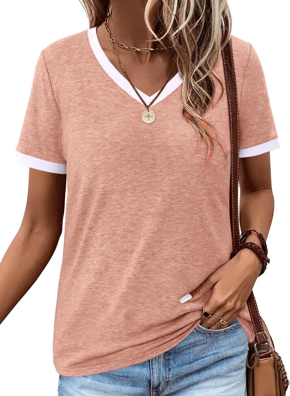 ONLYSHE Womens Short Sleeve Shirts Casual Crewneck Tops Tshirt Basic Tees Summer Fashion Strpied Clothes Outfits Tunic
