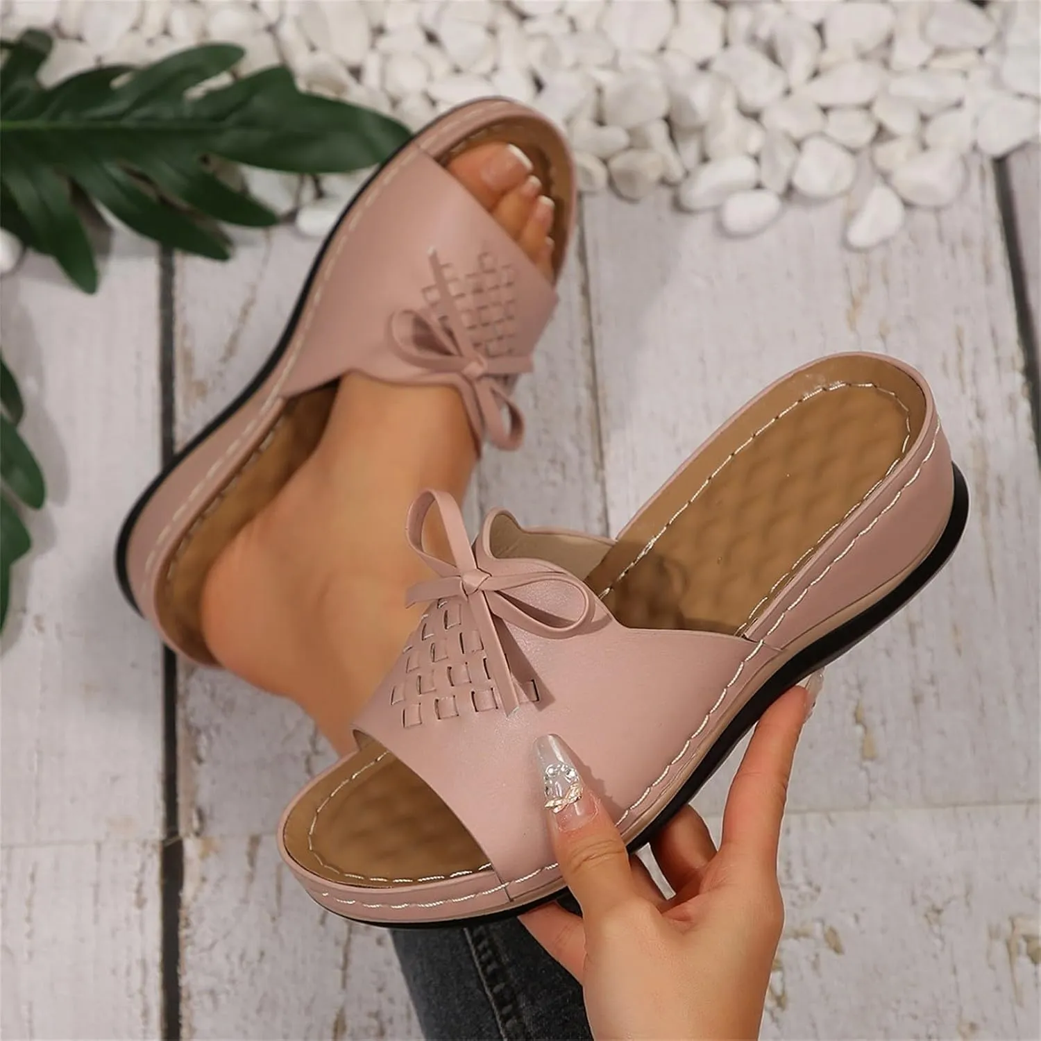 Orthopedic Sandals for Women Arch Support Open Toe Sandals Bow Decoration Anti Slip Slippers Dressy Summer Shoes for Walking Beach Footwear Low Platform Wedge Slingback Sandal