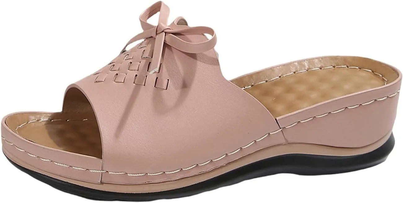 Orthopedic Sandals for Women Arch Support Open Toe Sandals Bow Decoration Anti Slip Slippers Dressy Summer Shoes for Walking Beach Footwear Low Platform Wedge Slingback Sandal