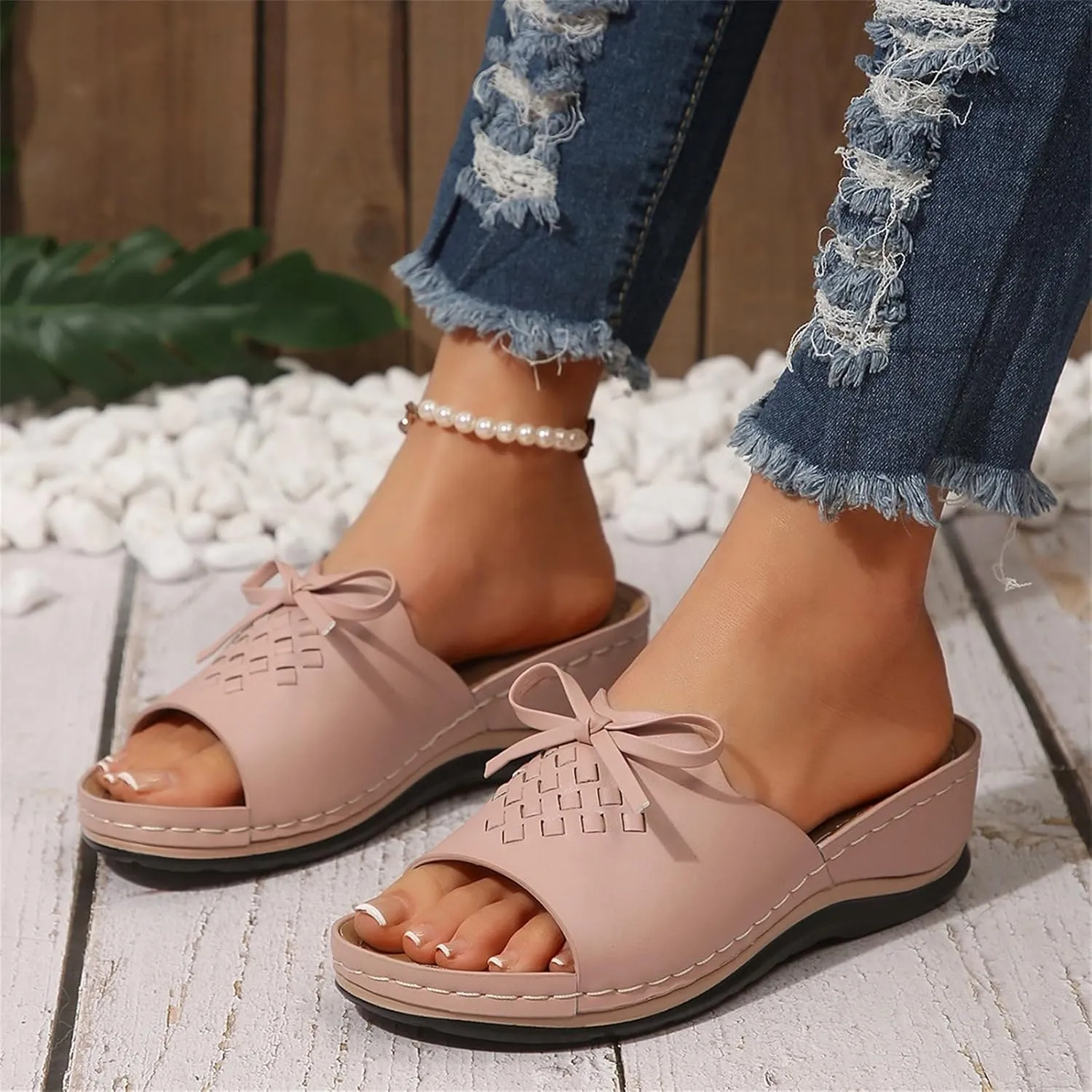 Orthopedic Sandals for Women Arch Support Open Toe Sandals Bow Decoration Anti Slip Slippers Dressy Summer Shoes for Walking Beach Footwear Low Platform Wedge Slingback Sandal