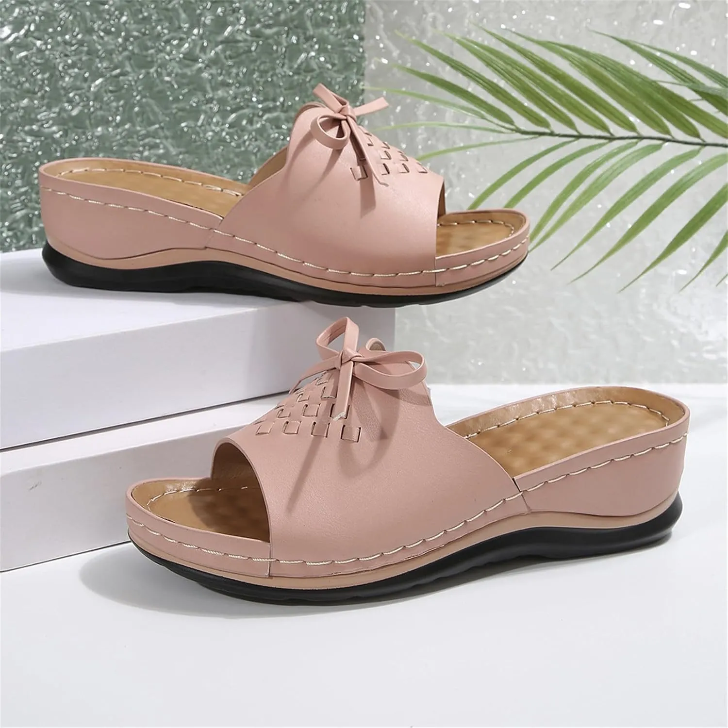 Orthopedic Sandals for Women Arch Support Open Toe Sandals Bow Decoration Anti Slip Slippers Dressy Summer Shoes for Walking Beach Footwear Low Platform Wedge Slingback Sandal