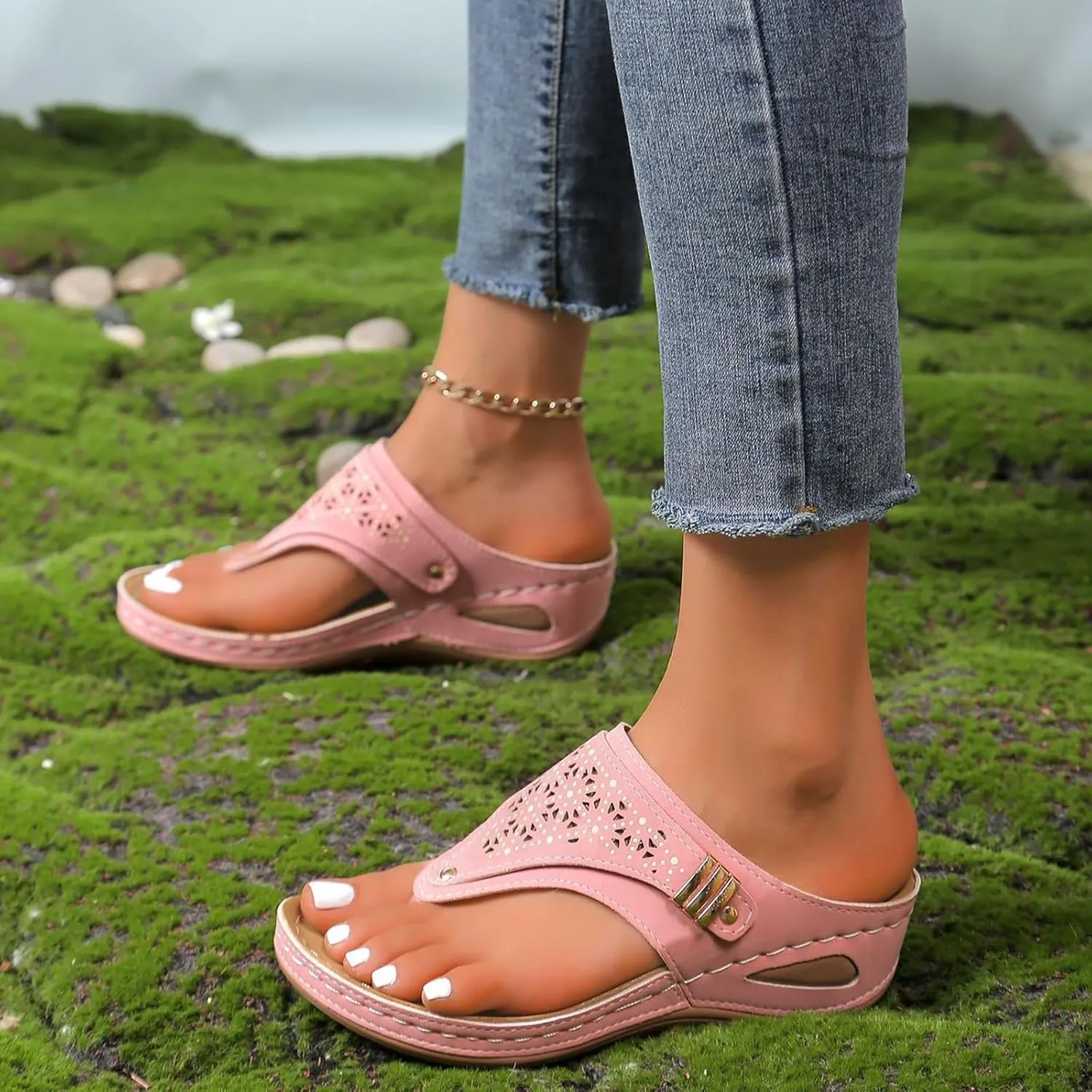 Orthopedic Wedge Sandals for Women 2025 Dressy Summer,Comfortable Casual Flats Flip Flops Ladies Outdoor Slides Slippers Arch Support Slip-on Beach Boho Platform Walking Shoes