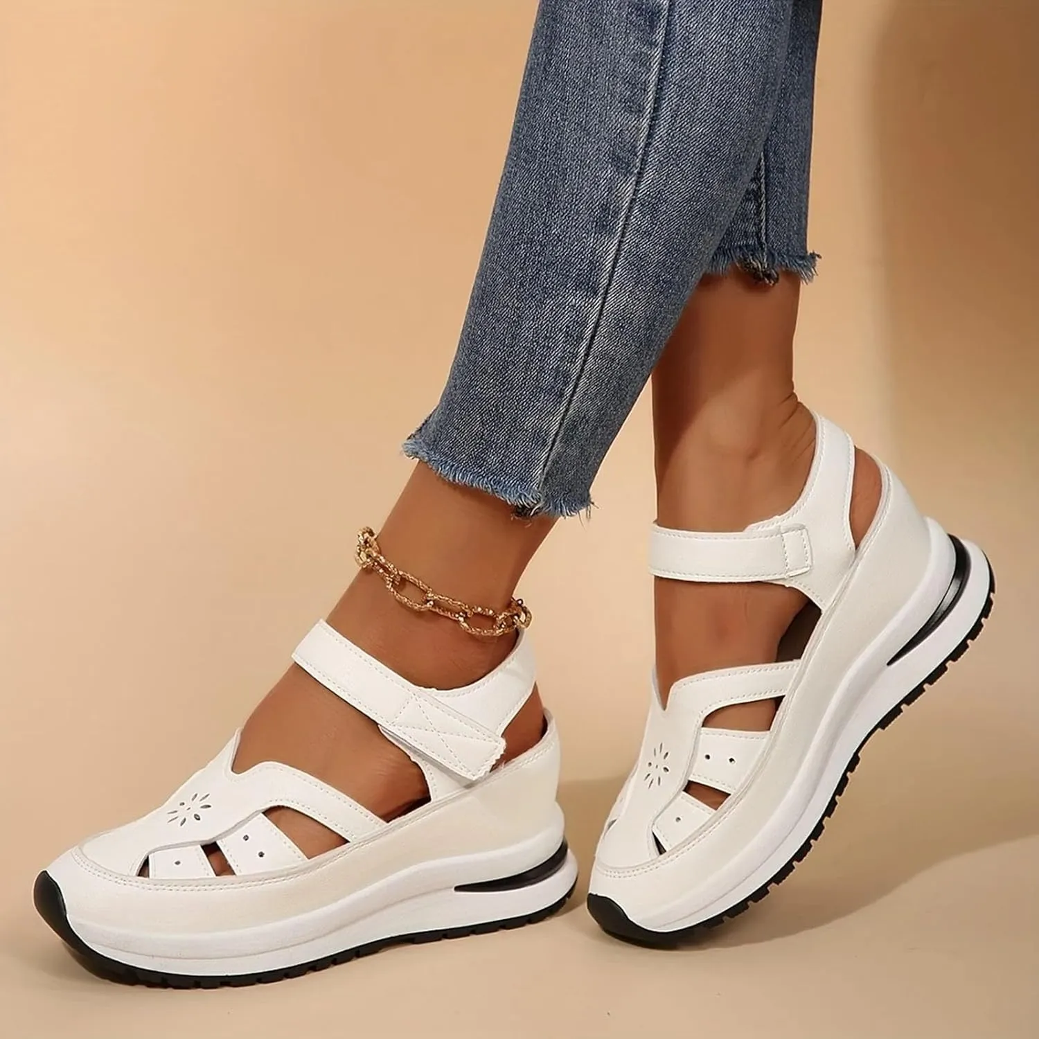 Orthopedic Wedge Sandals for Women Summer Dressy Closed Toe Ankle Strap Platform Sneakers Cutout Low Wedges Slip on Sandals Comfortable Outdoor Shoes 