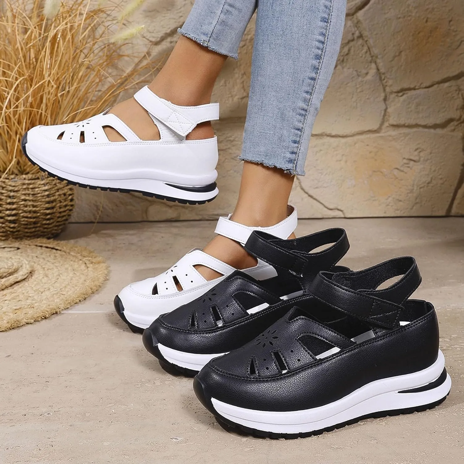 Orthopedic Wedge Sandals for Women Summer Dressy Closed Toe Ankle Strap Platform Sneakers Cutout Low Wedges Slip on Sandals Comfortable Outdoor Shoes 