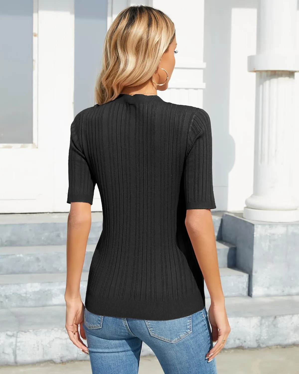 OUGES Womens 2024 Spring Summer Tops Basic Slim Fit Sweaters Turtleneck T Shirts Business Casual Outfits
