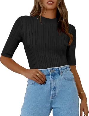 OUGES Womens 2024 Spring Summer Tops Basic Slim Fit Sweaters Turtleneck T Shirts Business Casual Outfits